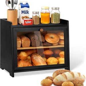 Boîte à pain en bois à double couche avec porte en verre, rangement de cuisine pour pain et pâtisseries - Product Image 1