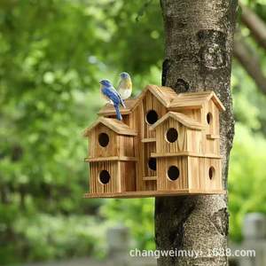 Casa de pájaros de madera de 2 pisos, tipo villa, para jardín exterior, montada en la pared, con acabado natural, decorativa, para colgar, nido para pájaros. - Product Image 1