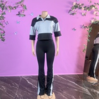 Ensemble pantalon deux pièces décontracté extensible pour femme grande taille, nouvelle collection automne, avec crop top à manches courtes et pantalon évasé taille haute