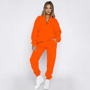 Hot new solid color stand collar zippered long-sleeved hoodie two-piece fashion trouser suit