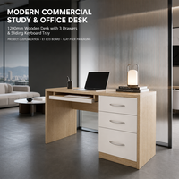 Bureau de travail moderne en bois de 1200 mm avec 3 tiroirs, plateau coulissant pour clavier, table d'étude en mélamine, emballage plat, modulaire, garantie de 3 ans, hôtel