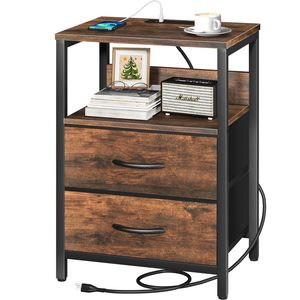 Table de chevet industrielle SENYU avec 2 tiroirs, plateau en bois, armoire de rangement ouverte, meubles modernes pour chambre à coucher, table d'appoint pour salon - Product Image 4