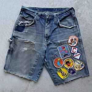 Shorts de diseñador con apliques, bordados y patchwork, con dobladillo sin rematar, estilo vaquero holgado, de verano, alta calidad, transpirables, personalizados - Product Image 1