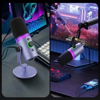 Mikrofon Dinamis DM65 XLR/USB dengan Lampu RGB, Peredam Kebisingan, Kardioid, dan Tombol Mute/GAIN untuk Podcast, Streaming, dan Gaming