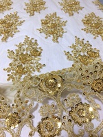 Tela de Moda con Bordado Tejido de Última Moda, Color Dorado, Cordón con Cuentas Bordadas a Máquina, Encaje para Vestidos de Novia o Juguetes