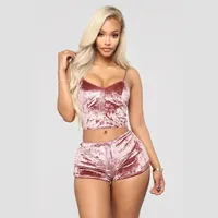 Ensemble de pyjama pour femmes en velours bleu, haut à bretelles + short, vêtements de nuit, sexy et respirant, en spandex/nylon