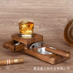 Plateau à cendres en bois massif avec porte-gobelet et coupe-cigares, plateau à whisky moderne pour la maison, le bureau ou le bar - Product Image 5