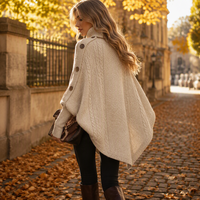 Poncho de punto grueso con cuello alto para mujer, suéter tipo capa con mangas murciélago, chal envolvente con botones laterales, jersey de punto al por mayor OEM