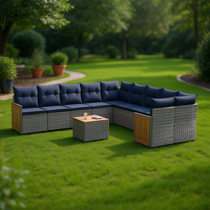 Ensemble de canapés de jardin modernes en polyrotin gris avec coussins, structure en teck, design contemporain, capacité de 10+ places - Product Image 2