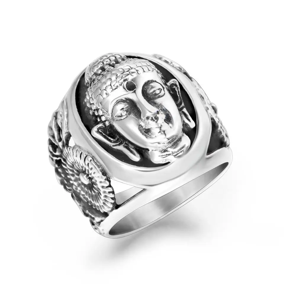 Design Sieraden Vintage Portret Camee Ring Voor Mannen Verzilverd Roestvrij Staal Boeddha Hoofd Reliëf Vinger Ring