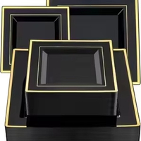 Ensemble de 25 assiettes en plastique jetables élégantes noires carrées avec bord doré sans BPA - 25 assiettes à dîner, 25 assiettes à dessert