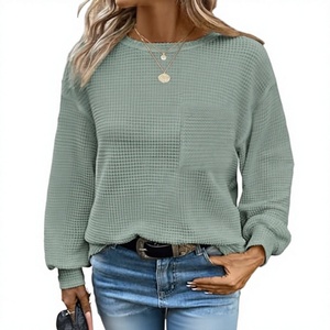 Nouveau design pull fin à ressorts pour femme, couleur unie tendance, ample et décontracté, avec broderie machine et effet froncé, en maille - Product Image 3