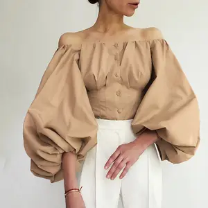 French 2022 summer new fashion design long-sleeved lantern sleeves off-the-shoulder women's shirt top casual puff sleeves blouse