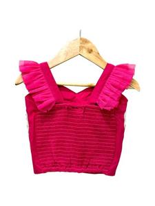 เสื้อทวิชาแบบทอผ้าไร้แขนปักลายพร้อมเลเฮนกาพิมพ์ลาย - สีชมพูและสีเขียว - Product Image 3