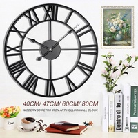 Jam Dinding Logam Berongga Besi Hitam Retro 3D Modern 40/47/60/80cm Angka Romawi Nordik Jarum Dekoratif Ruang Tamu Bertenaga Baterai