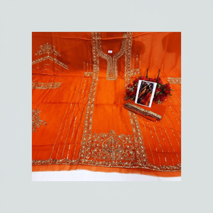 Costumes de fête en soie brodés à la main non cousus de créateur moderne pour femmes style indien tendance pour les fêtes traditionnelles - Product Image 1