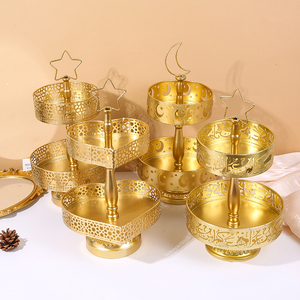 Plateau de service à dessert en métal plaqué or personnalisé à 2 niveaux pour Ramadan et Eid Mubarak, motif château islamique, lune et étoile, fournisseur de décoration de table pour fête - Product Image 5