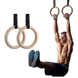 Muchan高品质木质可调吊带拉健身房体操环木质健身环