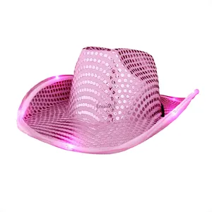 Wholesale fashion shiny jazz hat holiday party accessories sequin cowboy hat with led light