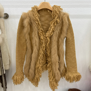 Cardigan en tricot à franges en fourrure de renard véritable de luxe pour femmes Tyan, col en V, manches longues, pull en tricot moelleux, manteau d'automne et d'hiver - Product Image 4