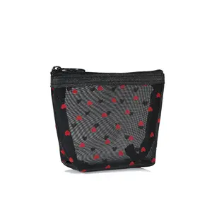 Mini sac à cosmétiques en maille avec imprimés de cœurs, pochette de rangement transparente pour rouge à lèvres, sac de beauté en nylon, étui de maquillage, vente en gros