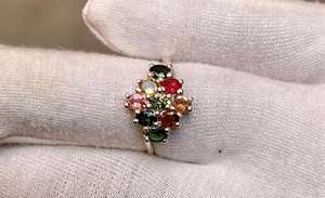 Natural Multi-Color Tourmaline Faceted Flower Shape Cluster Setting 92.5 Purity Sterling Silver Classic Women's Wedding Ring for - Product Image 2