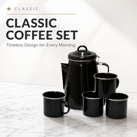 Cafetière en émail noir avec logo personnalisé et tasses, ensemble bouilloire à thé vintage pour le camping, vente en gros, cadeaux à marque privée, packs de vente au détail
