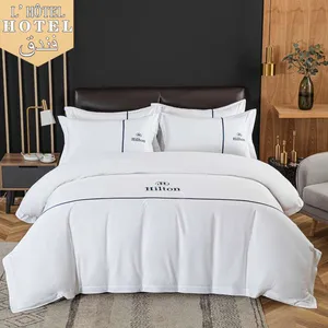 Juego de sábanas de algodón de 5 estrellas para Hotel, ropa de cama con logotipo personalizado, color blanco, marca de lino