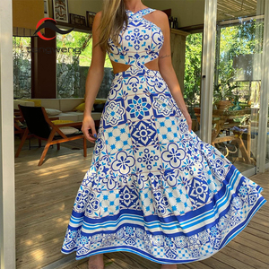 Nouvelle Robe Longue Chic à Imprimé Floral pour Femme, Sans Manches, Dos Nu, Taille Nouée, Idéale pour les Vacances d'Été à la Plage - Product Image 1
