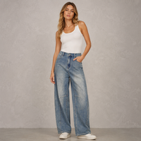 Jean décontracté respirant style boyfriend tendance, nouveau style, coupe droite ample, taille haute, en denim 100 % coton bleu