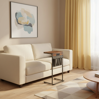 Table basse en forme de C avec station de charge, hauteur réglable, sac de rangement en métal pour salon, chambre à coucher, brun rustique