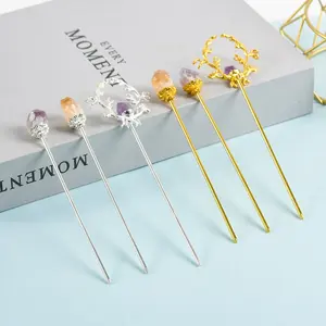 Nuovi arrivi crystal hair stick argento ametista naturale pietre grezze forcina per regalo