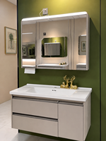 Meuble-lavabo mural moderne en bois massif pour hôtel avec vasque simple, miroir LED inclus, écologique et durable
