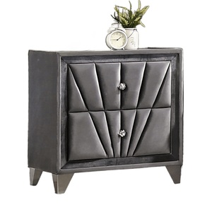 Mesa de Noche con Estructura Totalmente Tapizada, Tela Gris, Perillas Acrílicas Tipo Cristal, Tapa de Vidrio, Patas Cromadas - Product Image 1