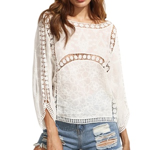 Top in <span class=keywords><strong>Pizzo</strong></span> Bianco da Donna, Blusa Casual in Cotone con Maniche a Pipistrello - Product Image 1