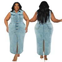 HO <strong>Best</strong> <strong>Selling</strong> New Product 2024 Plus Size Women's <strong>Clothing</strong> Sleeveless Slit Lapel Jean Dresses Denim Women