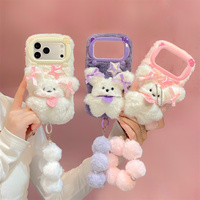Coque de téléphone Coquette douce en peluche 3D avec nœud lapin et pompon perlé, avec dragonne, pour iPhone 17 Pro Max 16 15 14 13