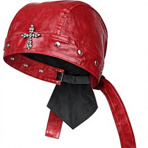 <b>Red</b> Leather Baseball Cap Rhinestone <b>Cross</b> Punk Style Fitted Unisex Casual Breathable Waterproof Metal Buckle Four Seasons Wear - Product Image 4