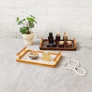 Bamboo Stone-Plastic Base <b>Tea</b> <b>Tray</b> With Handle For Home Living Room Kitchen Use Light Luxury Style - Product Image 2