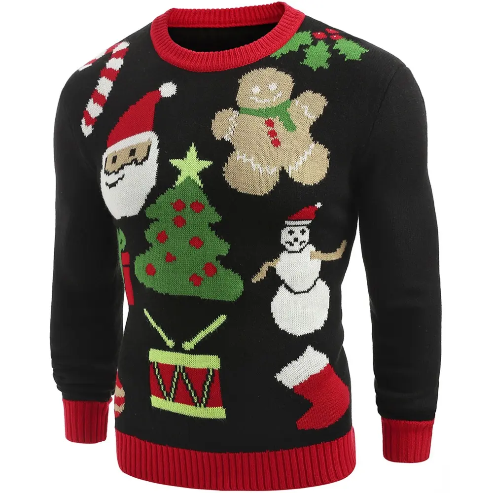 American Black Santa Tree Weihnachts motiv Muster Gestrickter Weihnachts pullover mit Rundhals ausschnitt Hässlicher Familien-Unisex-Pullover