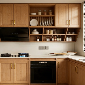 Cuisine moderne minimaliste en bois naturel Balom avec armoires en bois clair, détails <span class=keywords><strong>de</strong></span> finition foncés et comptoir en forme <span class=keywords><strong>de</strong></span> L - Product Image 2