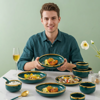 Vaisselle en porcelaine simple à bord doré de style européen pour 2 à 8 personnes, compatible lave-vaisselle et micro-ondes, sans plomb ni chrome, qualité alimentaire, pour hôtels et cadeaux