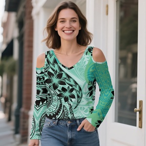 Blusas hawaianas verdes elegantes diarias de talla grande para mujer, camisa y blusa sexy tribal Polinesia con hombros descubiertos, camisetas personalizadas - Product Image 3