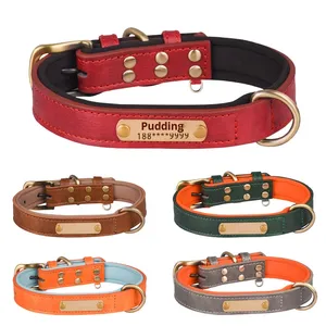 <span class=keywords><strong>Collar</strong></span> de Perro de Cuero Sólido Ajustable con Logotipo Personalizado, Cintas y Placa Metálica Grabada para Perros Pequeños a Grandes - Product Image 1