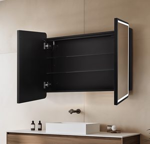 Armoire à pharmacie rectangulaire à double porte noire à montage en surface, avec cadre en métal, armoire de salle de bain arrondie avec miroir en acier - Product Image 2