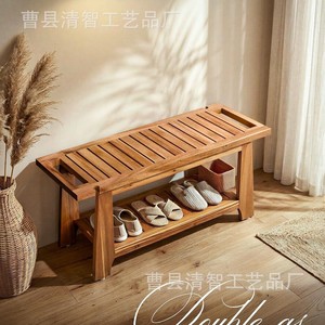 Qingzhi Teak Bathroom Stool Solid Wood Double Layer <b>Storage</b> <b>Shower</b> Bench With Towel <b>Rack</b> Poolside Use - Product Image 3