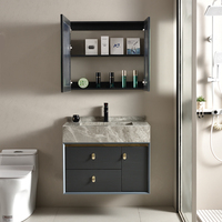 Meuble-lavabo mural moderne en acier inoxydable avec miroir, vasque en pierre, tiroirs à fermeture douce, design écologique et durable
