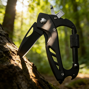 Mousqueton d'escalade extérieur 6-en-1 en acier, outil de survie multifonction, <span class=keywords><strong>couteau</strong></span> pliant, porte-clés en D, couteaux de poche EDC pour le camping - Product Image 4