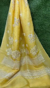 Trendy Pure <b>Organza</b> <b>Silk</b> Saree with Chikan Hand Embroidered Golden Mukesh Embroidered Blouse Wholesale Price - Product Image 5