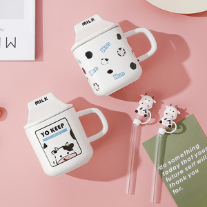 Cute Cow <b>Ceramic</b> <b>Mug</b> with Lid and Straw Creative Milk Bottle Shape Coffee Cup Kawaii Animal Breakfast Cup for Kids - Product Image 6
